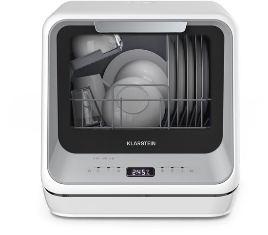 Klarstein Amazonia Mini Vaatwasser - Compact Aanrechtblad, 7 Programma's, 5L Tank of Directe Aansluiting, Energie-efficiëntieklasse D, Stil 58dB, Digitaal Display, Draagbaar Tafelblad voor Kleine Keukens, Zilver