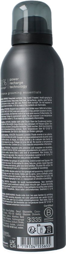 Grijze Rituals douchefoamspray met donkergrijze dop, achterkant met productinformatie.