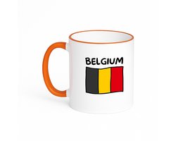 Hacebo® - Belgium vlag koffiebeker met gekleurde rand oranje - België - reizigers - thee mok - koffie beker - toerist - verjaardagscadeau - souvenir - vakantie - kado - gift - geschenk - koffiemok - 330 ML
