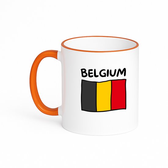 Tasse blanche avec anse orange, représentant le drapeau belge et "BELGIUM".