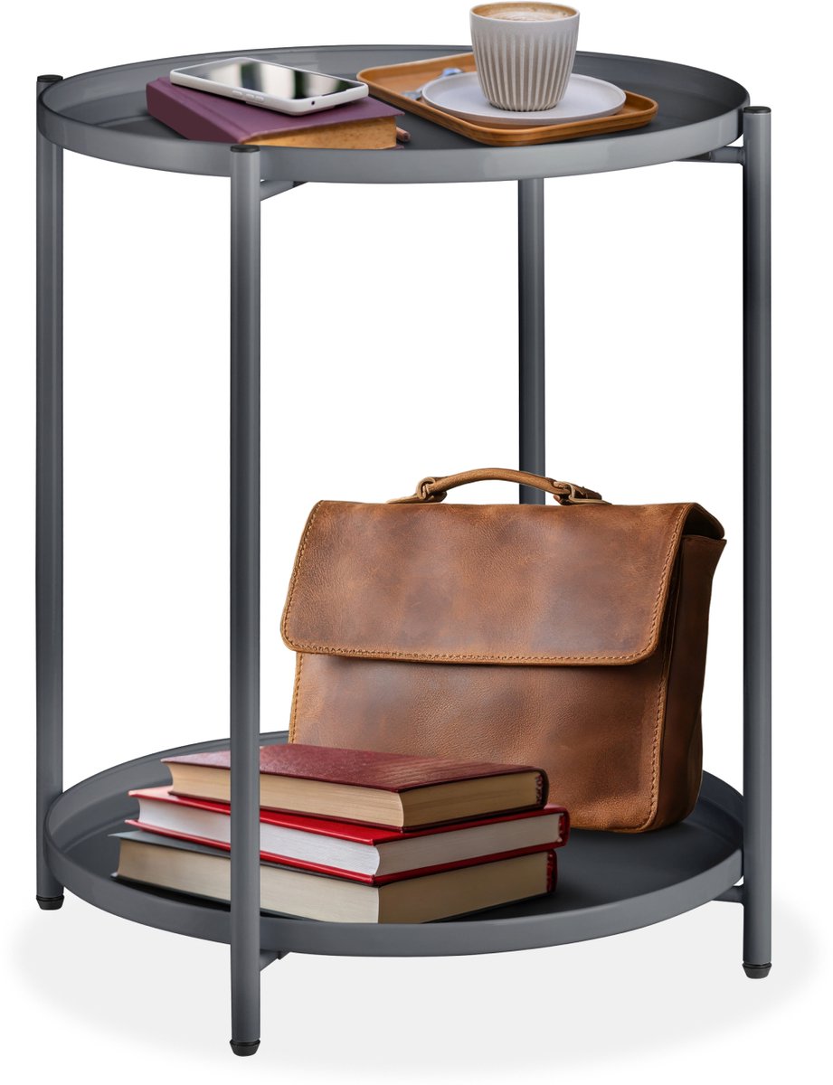 tectake® Ronde bijzettafel van metaal - Kleine salontafel met twee niveaus - 2 afneembare dienbladen - Rustiek - Delicaat design - Draagkracht 60 kg - Afmeting (ØxH) Ø 45,5 x H 53 cm - Donkergrijs