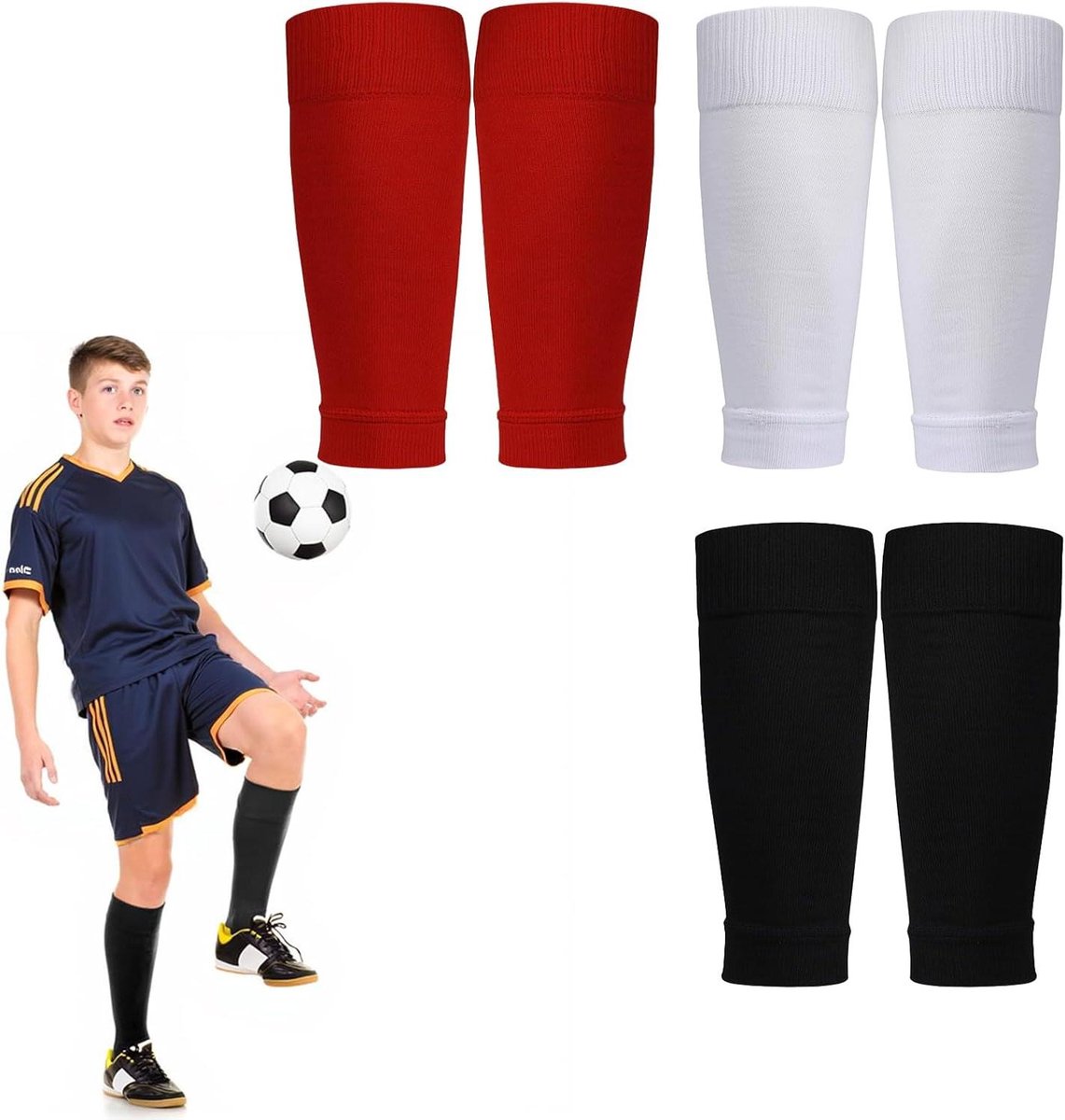 Voetbalsokmouwen set van 3 - teambeensokmouwen voor voetbal, hardlopen en training - zwart, wit, rood - one size - beginners.