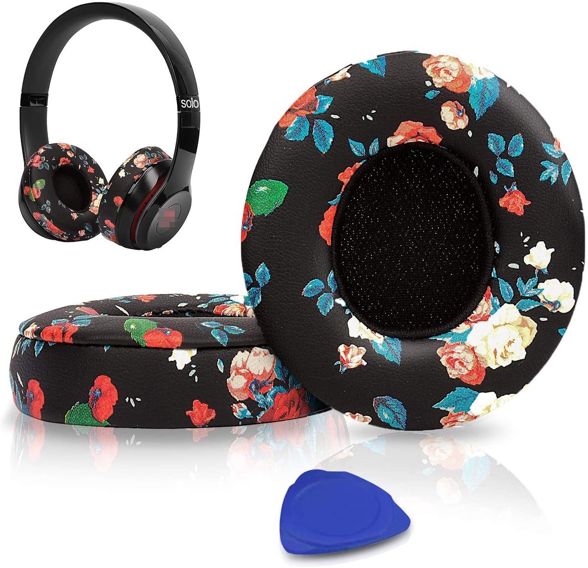 Vervangende oorkussens Geschikt voor Beats Solo 2 en Solo 3 draadloze on-ear hoofdtelefoons, Solo2 Solo3 oorkussens in zacht proteïneleer met extra dikte - Zwart met print