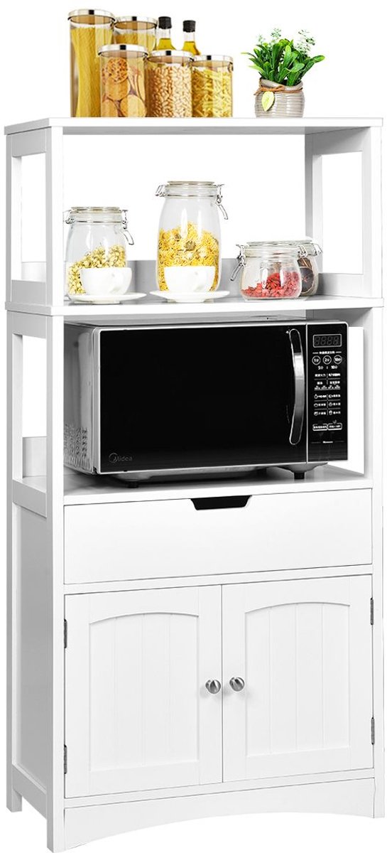 Magnetronkast - Keukenkast - Keukenrek Staand - Ovenkast - 32.5B x 60L x 122H cm - Organizers - Dubbele Draagplank - Aanrecht Organiser - Wit