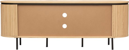 Achterkant van een ovaal houten tv-meubel met een plank en twee kabelgaten, staand op zwarte pootjes.