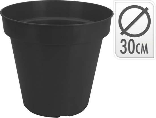 Lege, ronde, zwarte kunststof bloempot met 30 cm indicator.