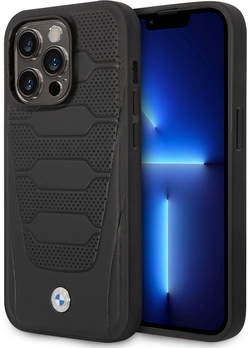BMW iPhone 14 Pro Backcover hoesje - Red Leather Signature - Perforated Seats Design - Zwart