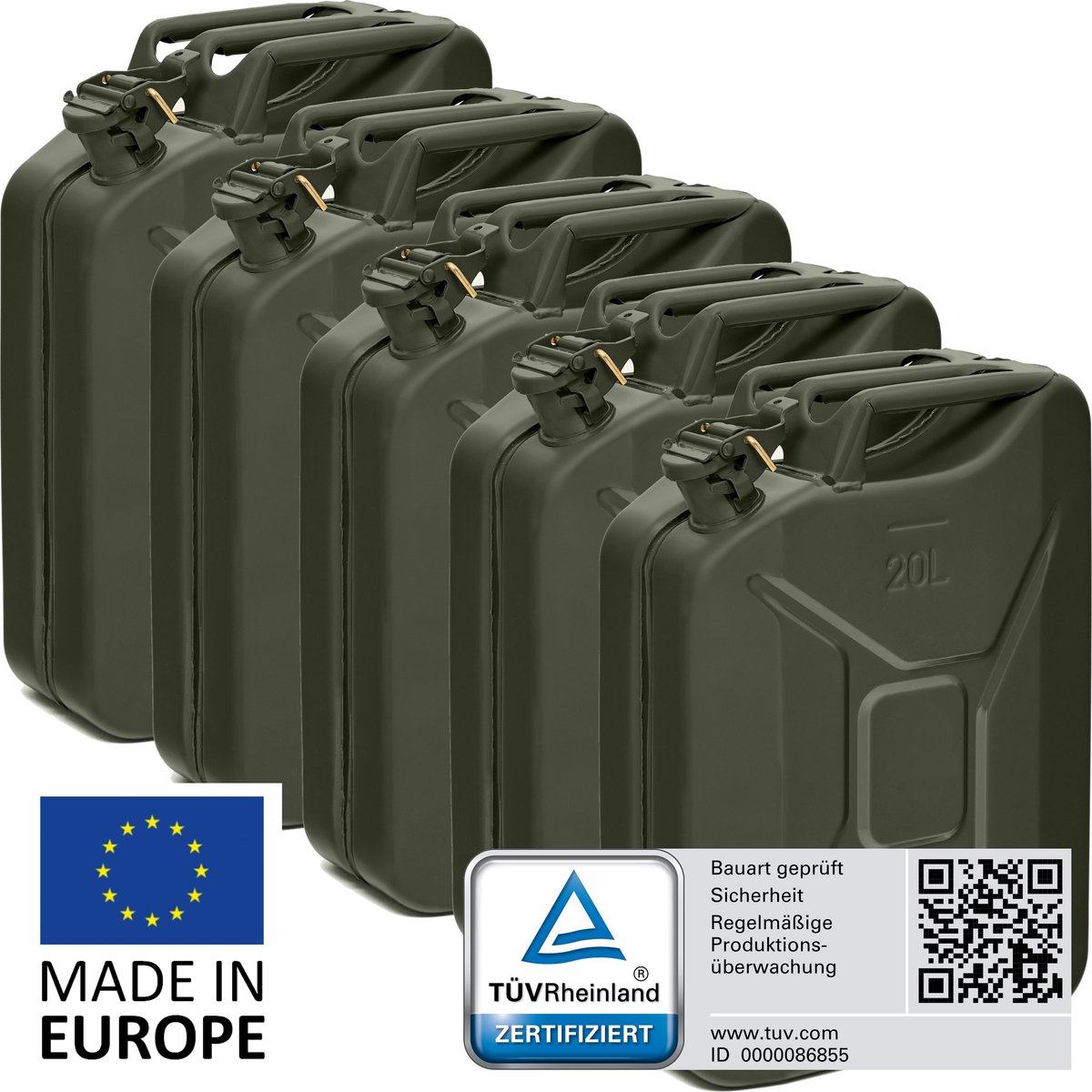 BW® Brandstofjerrycan, metaal, jerrycan, 5 x 5 liter, met schenktuit, zwart, RAL 9005, TÜV-getest en VN-goedkeuring, Made in Europe BW® Brandstofjerrycan, metaal, jerrycan, 5 x 5 liter, met schenktuit, zwart, RAL 9005, TÜV-getest en VN-goedkeuring, Made in Europe