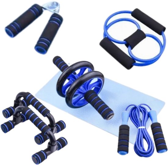 Foto: Velours max fitness set 6 in 1 push up bars springtouw ab roller opdruksteunen yoga mat thuis fitness blauw weerstandsbanden fitness fitness mat fitness elastiek fitnessmat krachttraining sport yoga yogamat