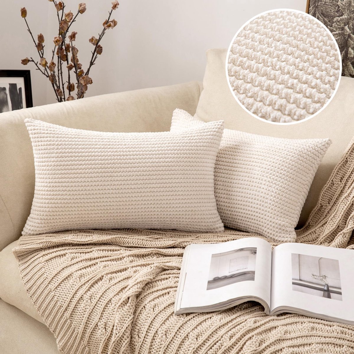 Unyqoos Set van 2 Luxe Corduroy Kussenslopen voor Bank en Woonkamer, Crème wit, 40 x 60 cm crèmewit