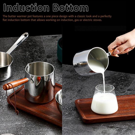 Casserole Lait Inox Petite Casserole 450 Ml Acier Inoxydable - Chauffe-Lait Et Beurre - Bec Verseur Double - Manche Bois Café Latte Maison