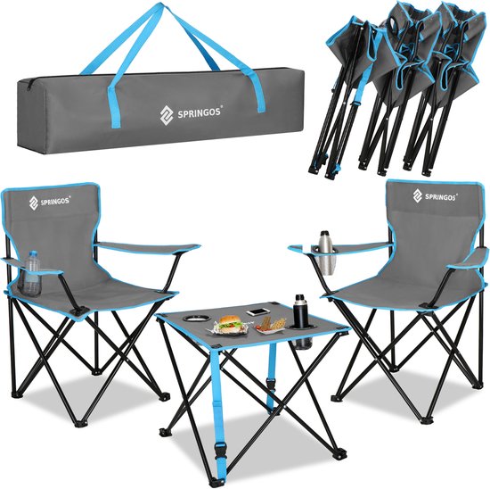 Springos Camping Set | Kampeer Set | Campingtafel | Campingstoel | Kampeerstoel | Op Vouwbaar | Inclusief Draagtas | Vissen | Blauw/Grijs