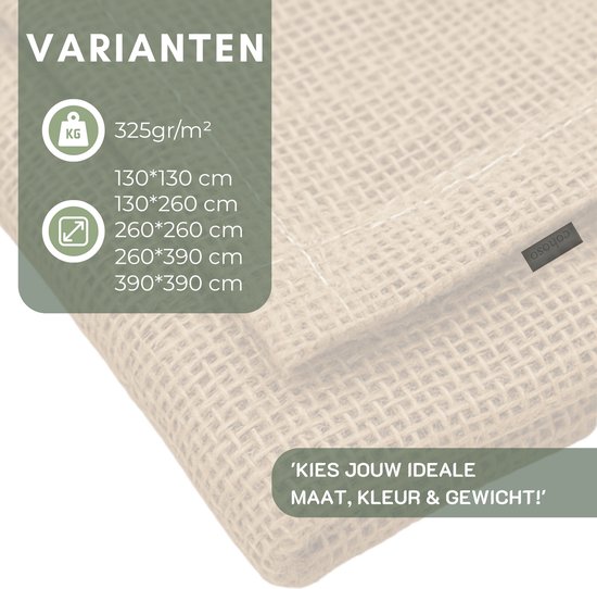 Overzicht van maten en gewicht voor schaduwdoeken: 325gr/m². Maten: 130x130cm, 130x260cm, 260x260cm, 260x390cm, 390x390cm. Kies uw ideale maat, kleur en gewicht.