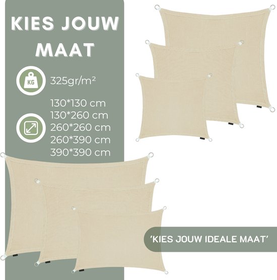 Overzicht van maten voor schaduwdoeken: 325gr/m². Maten: 130x130cm, 130x260cm, 260x260cm, 260x390cm, 390x390cm. Toont meerdere vierkante schaduwdoeken.