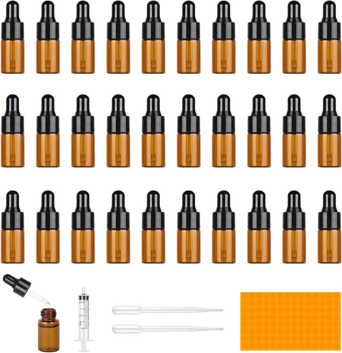 Allecto Plus - 30 stuks Mini Pipetfles 3ml - Amber Glazen - Herbruikbare Mini-pipetflessen - Druppelflessen - Fles Apothekersfles - Etherische Oliën