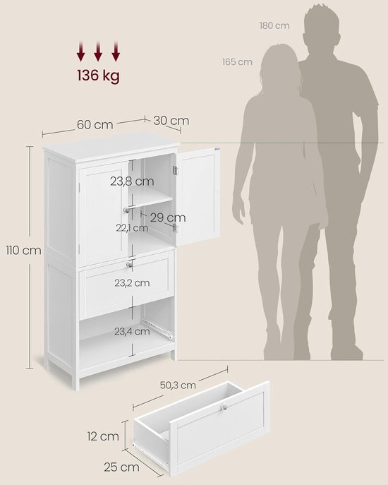 Badkamerkast met 2 Deuren en 2 Laden - Opbergkast voor Badkamer en Keuken - Verstelbare Plank 30x60x110 cm