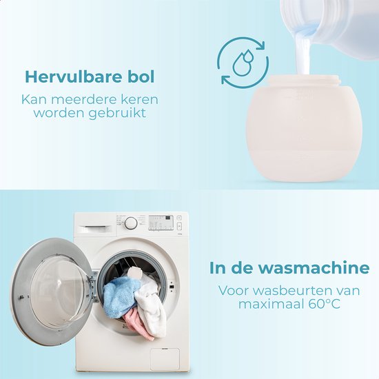 Doseur blanc rempli de lessive, à côté d'une machine à laver à porte ouverte.
