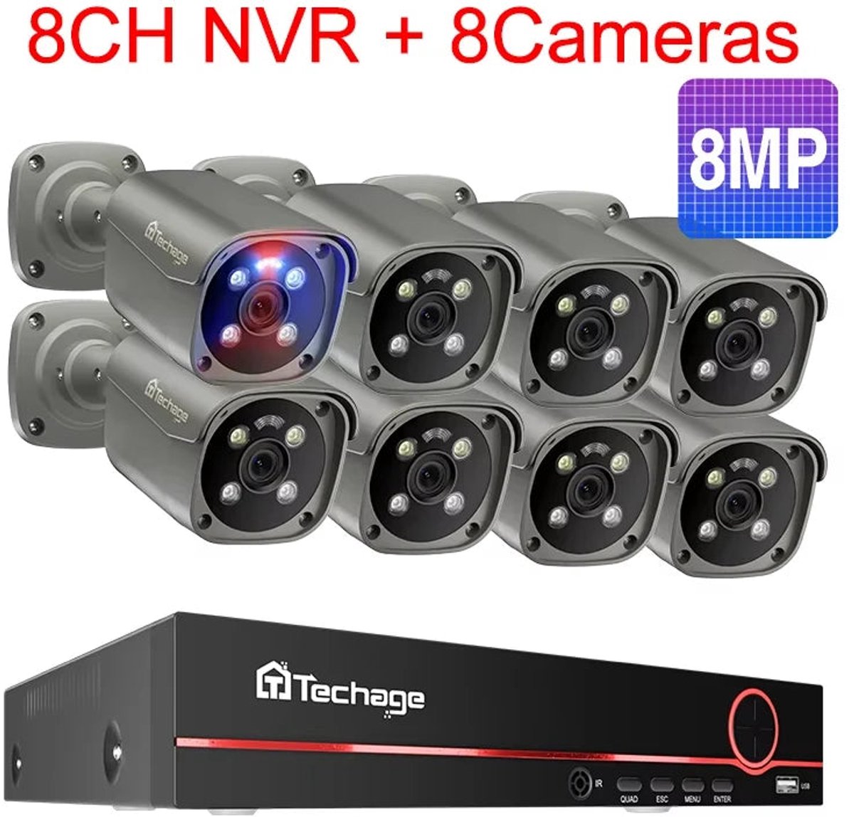 8-kanaals 8MP CCTV Beveiligingssysteem – IP Camera Systeem – Surveillance Set – Beveiligingscamera Kit – Videobewaking – 1TB HDD Opslag – Smart AI Beweging Detectie - 8 Stuks
