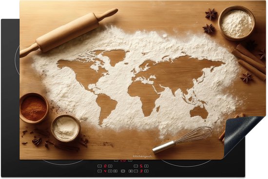 KitchenYeah® Inductie beschermer 80x52 cm - Wereldkaart - Meel - Bruin - Kookplaataccessoires - Afdekplaat voor kookplaat - Inductiebeschermer - Inductiemat - Inductieplaat mat - Keuken decoratie