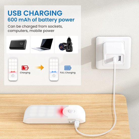 Garderobelamp met bewegingssensor, nachtlampje, oplaadbaar via USB C, met magnetische sticker, wit ledlampje, geschikt voor garderobe, slaapkamer, trap, kast, keuken, gang van Merkloos — afbeelding 3