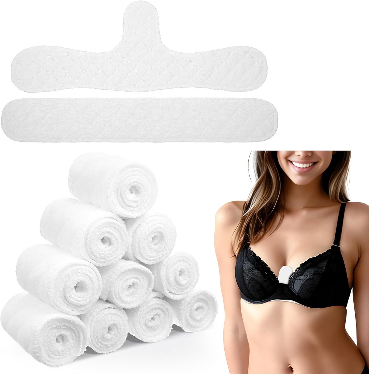 10 stuks herbruikbare katoenen bh-voeringen, katoenen bh-pads, bh-voeringen om zweet onder de borsten te absorberen, 3 lagen wasbare, zweetabsorberende pads, 2 vormen witte buikvoering van 18 inch voor vrouwen - Cyslmuk®