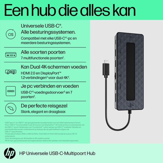 HP Universele USB-C Multipool Hub: compatibel met elk OS, 7 poorten, geschikt voor 2x 4K schermen.