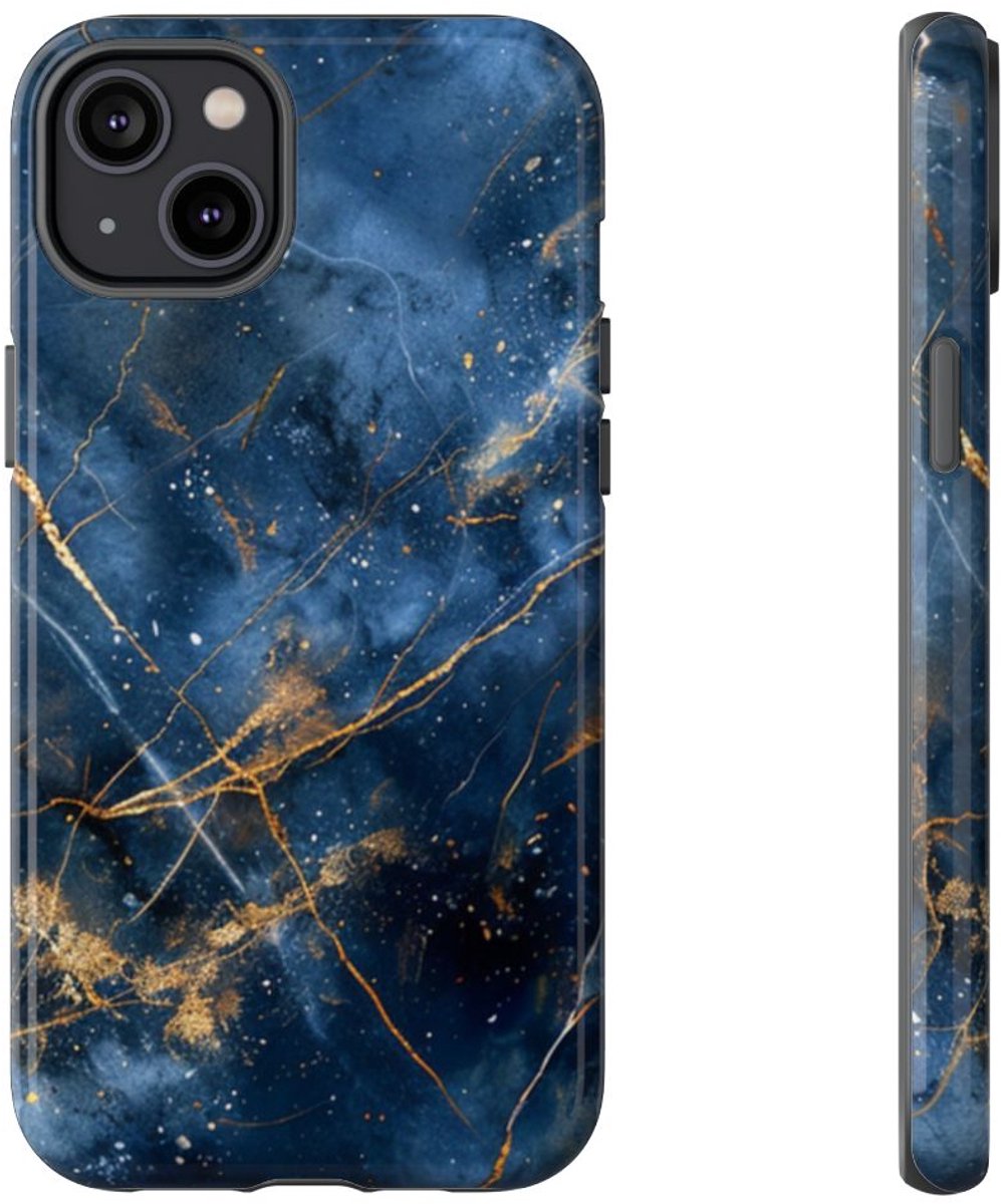 Blauw Marmerpatroon met Gouden Adering – Telefoonhoesje Geschikt voor iPhone 14 Plus