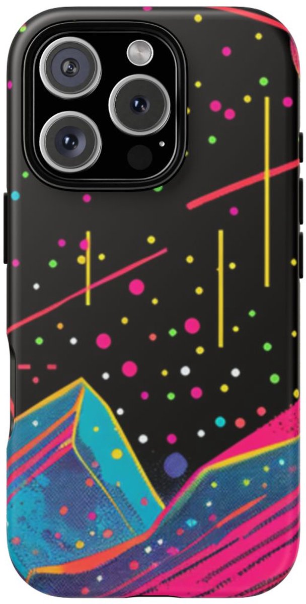 Neon Kosmisch Landschap met Planeten en Zon – Telefoonhoesje Geschikt voor iPhone 16 Pro