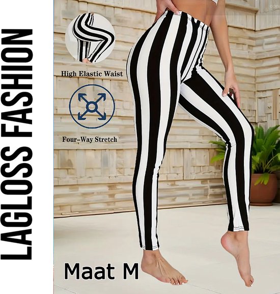 Leggings de Yoga taille haute pour femme LaGloss®, rayé Zwart et Wit, taille M – Legging de sport très extensible – Pantalon de sport et de Yoga confortable