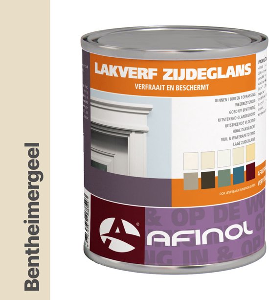 Blik lakverf zijdeglans Bentheimergeel met kleurenstaaltjes in beige, bruin, groen en blauw.