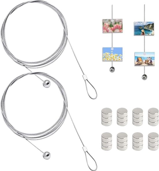 fotolijn Fototouw met 30 magneten, 250 cm x 1,5 mm, om foto's en ansichtkaarten op te hangen - 2 stukken foto's ophangen