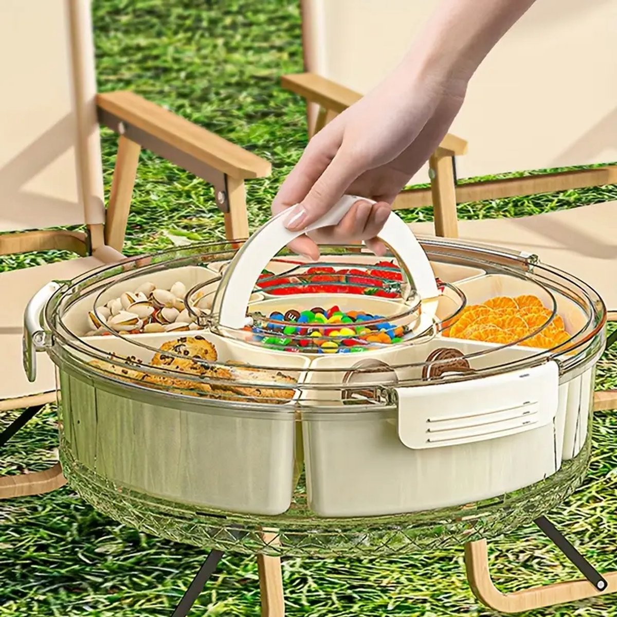 Snackbox met 6 vakken, snackbord met deksel en handvat, ronde snack, uitneembare snackbox met vakken, vaatwasserbestendig, snackbord wordt gebruikt om snacks, snoepjes, koekjes, nootjes te organiseren