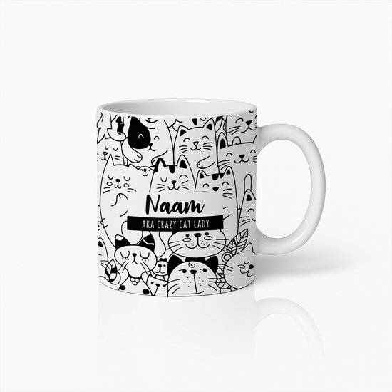 Tasse à café humoristique avec motif de Cat fou – Tasse à café personnalisée avec illustration de chat Zwart et Wit