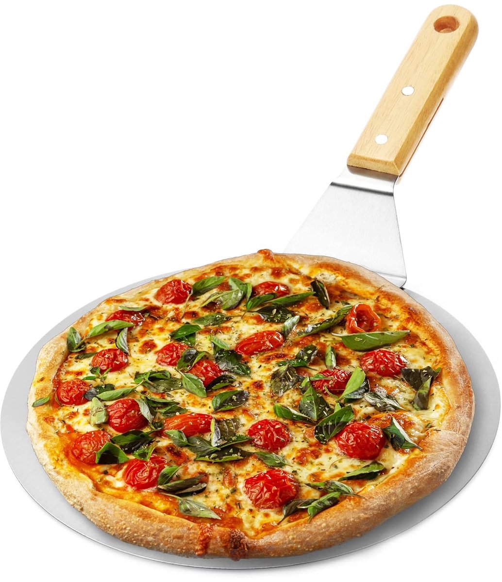 Pizzaschep - Roestvrijstalen Pizza Schil - Pizzaschep - Pizzaspatel - Pizza & Cake Schil met Houten Handvat - Ronde Pizza Vuller - Pizzaspatel - voor Pizza, Tarte Flambée & Brood - Voor BBQ of oven - Bruin/Zilver - Rond - ø25.5cm diameter