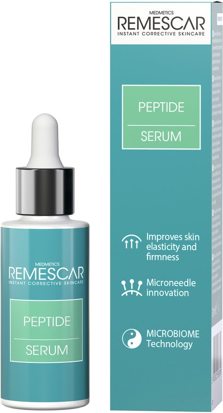 Verpakking Remescar Peptide Serum. Verbetert huidelasticiteit en stevigheid door microneedle innovatie en microbiom technologie.