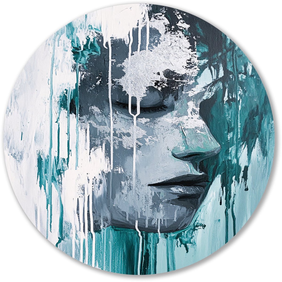 Abstract portret vrouw met verf - Droefheid muurcirkel - Ronde wanddecoratie gezicht - Abs