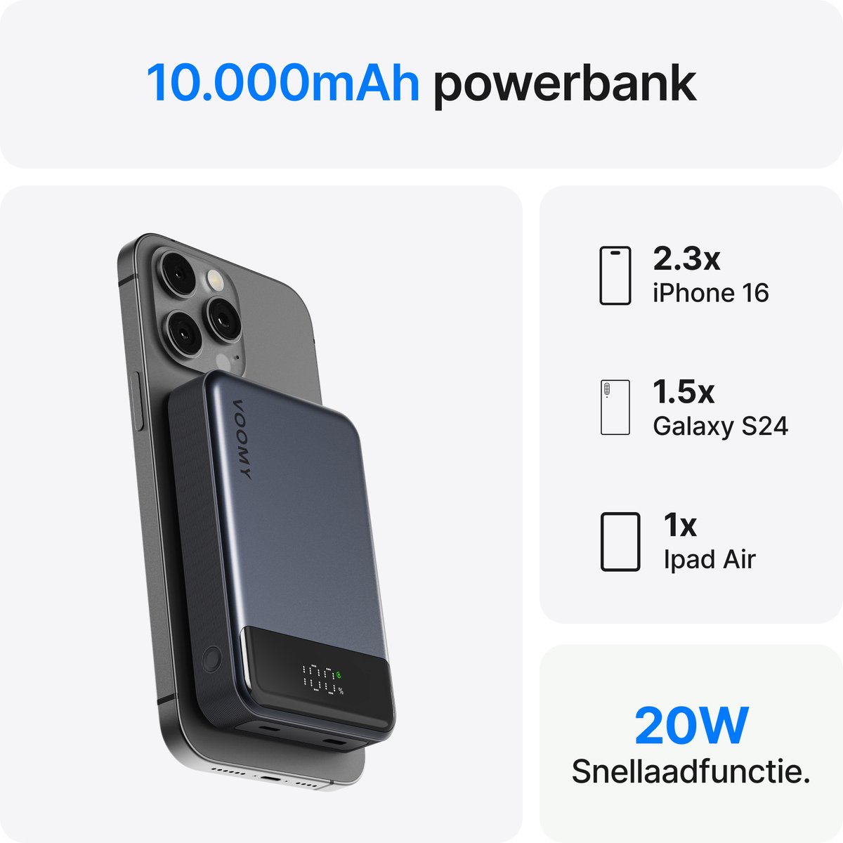 Afbeelding 2 van Voomy MagSafe Powerbank - 10000 mAh - 22.5W USB C Snellader - Draadloze Powerbank - 15W Wireless - Geschikt voor iPhone 12/13/14/15/16 - Noodpakket - Space Grey