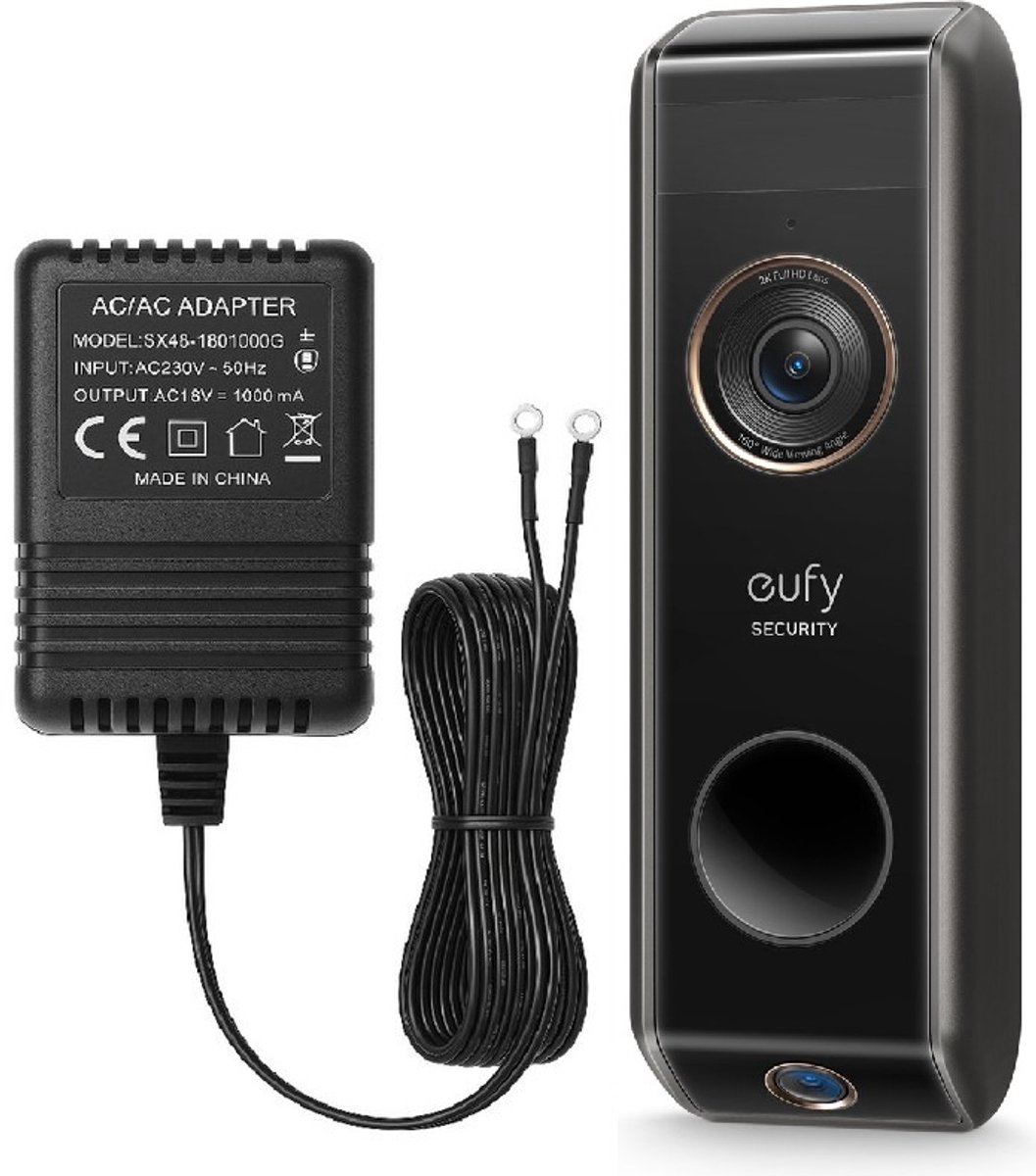 eufy Security Video Deurbel Dual 2 Pro +Hoogwaardige AC/AC Adapter – met 6 meter kabel– Video Doorbell- 2K HD – Dubbele Camera's – Pakketdetectie – Gezichtsherkenning – Batterijgevoed