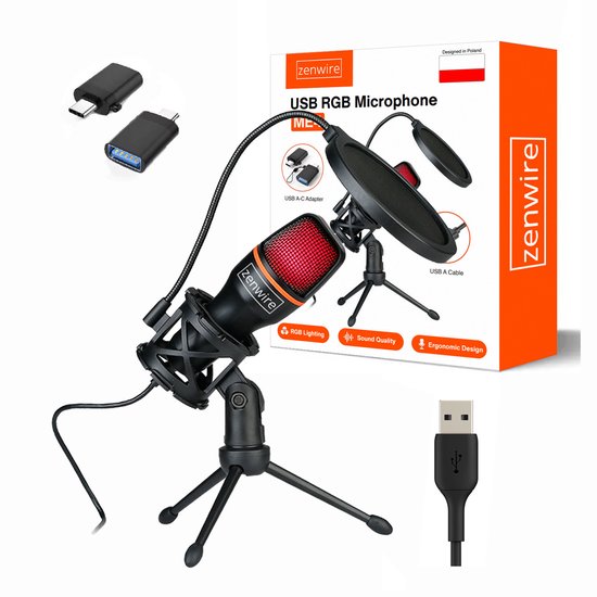 Zenwire M4 - Microfoon - Podcast - Gaming Microfoon - RGB - USB-C USB 3.0 - 70 dB - Noise Cancelling - Streaming - Microfoons - Mic -Compatibel met iOS, Android, Windows, Linux