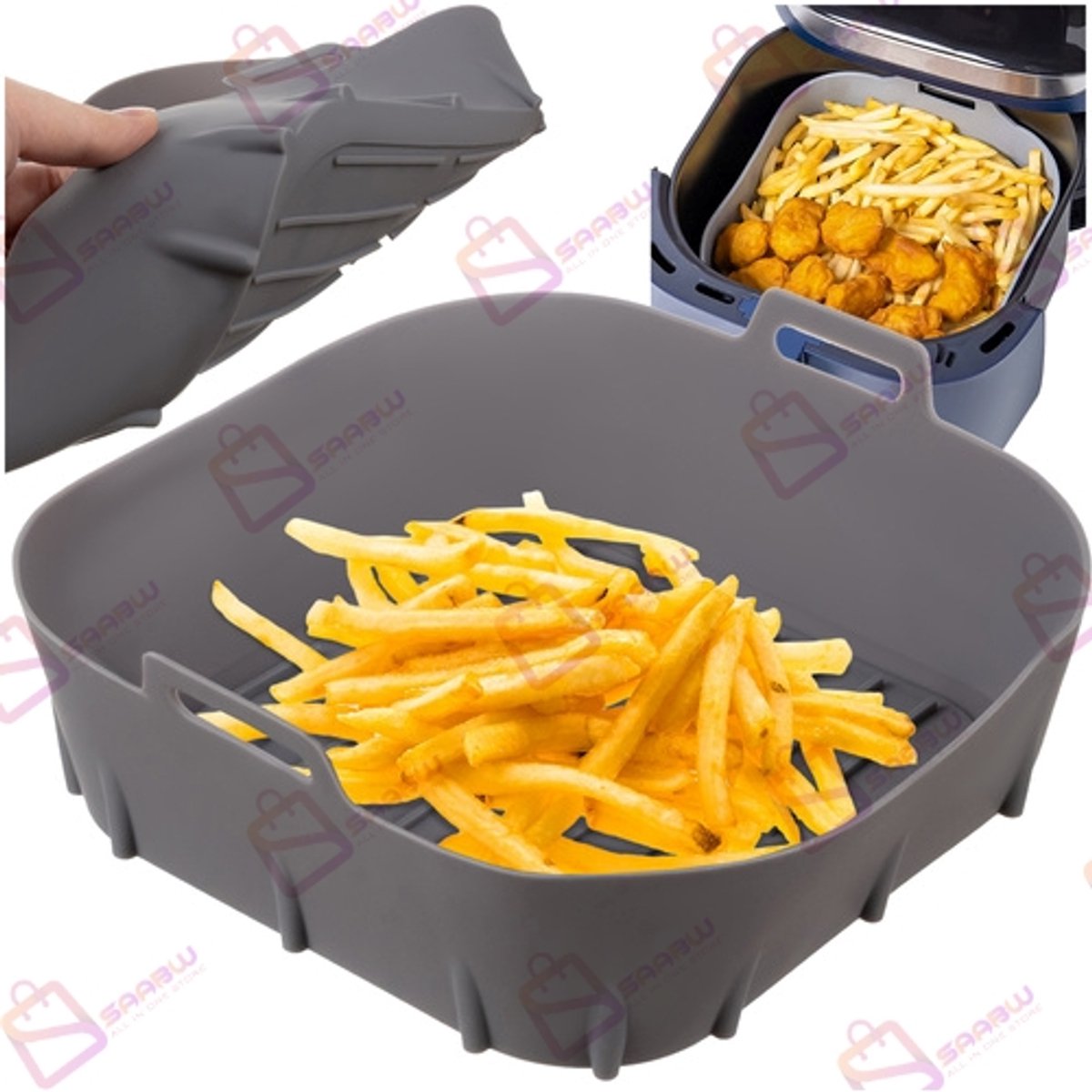 Airfryer Silicone Inzetstukken 2 stuks – Herbruikbare Mand 20x20 cm – Antiaanbak, Vaatwasserbestendig airfryer bakpapier – airfryer siliconen bakje – Grijs – airfryer accesoires - 55455