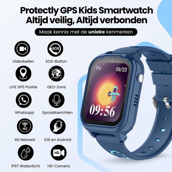 4G Smartwatch Kinderen GPS Horloge Met SOS, Videobellen, Simkaart - Blauw