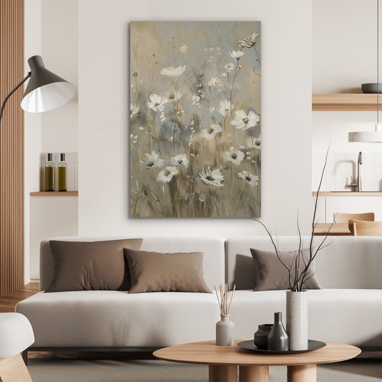 Akoestisch wandpaneel 70x100 cm - Vilt schilderij Bloemen - Wit - Natuur - Grijs - Modern - Akoestische panelen - Geluidsdempende wanddecoratie - Geluidsisolatie woonkamer - Muurdecoratie geluidspanelen