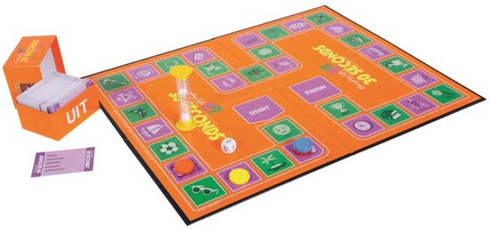 Bordspel 30 Seconds met spelbord, kaarten, dobbelstenen, pionnen en zandloper.