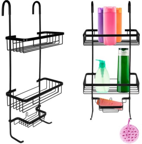 Support de douche Recalma 3 couches - Fixation sans perçage - Zwart - Ventouse - Aussi pour grandes bouteilles - Support de rangement Douche - 3 étages