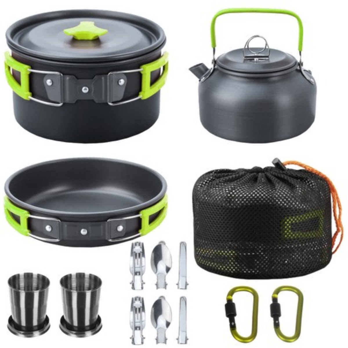 Trizand camping pannenset - RVS - zwart/groen - 18x stuks - kamperen - campingservies