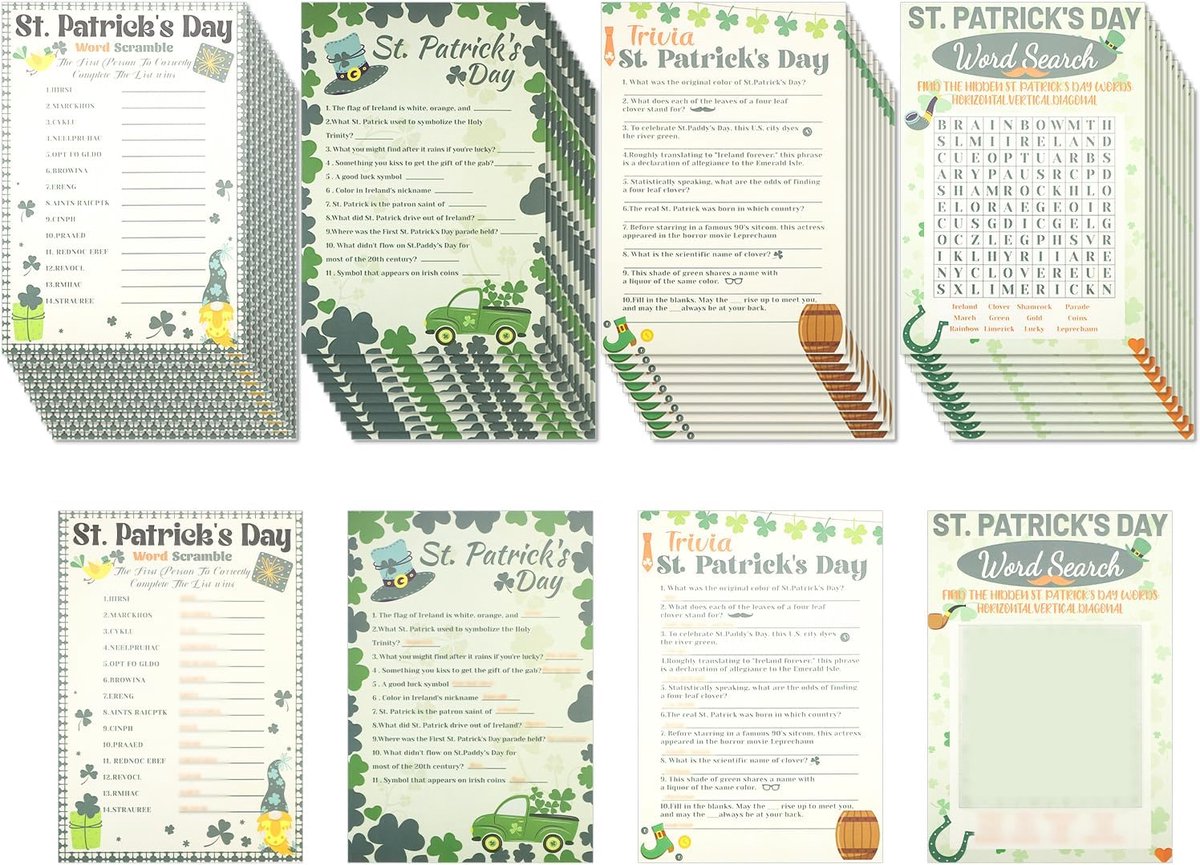 EGoods - St. Patrick's Day Party Game met Antwoordkaarten voor Familie Thuisactiviteit - Leuk 10 Spelers Kaartspel met 4 Stijlen Bingokaarten & Woordzoekspel
