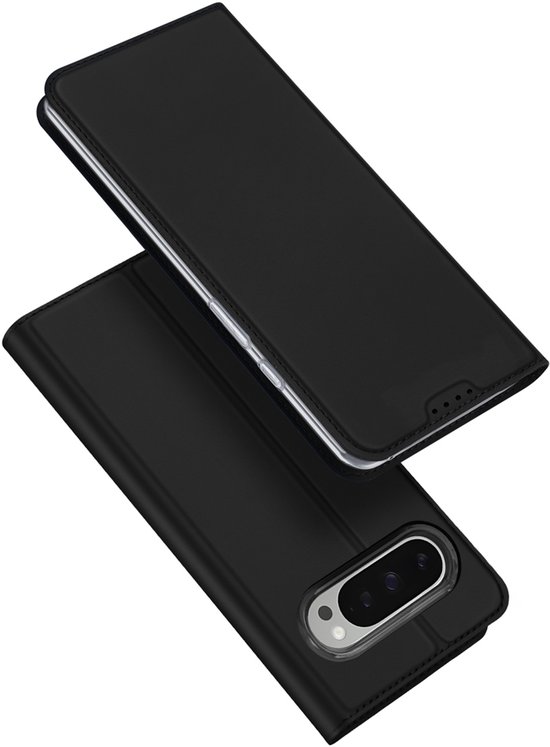 Étui de téléphone noir de style portefeuille, à la finition épurée et minimaliste. Le rabat est partiellement ouvert.
