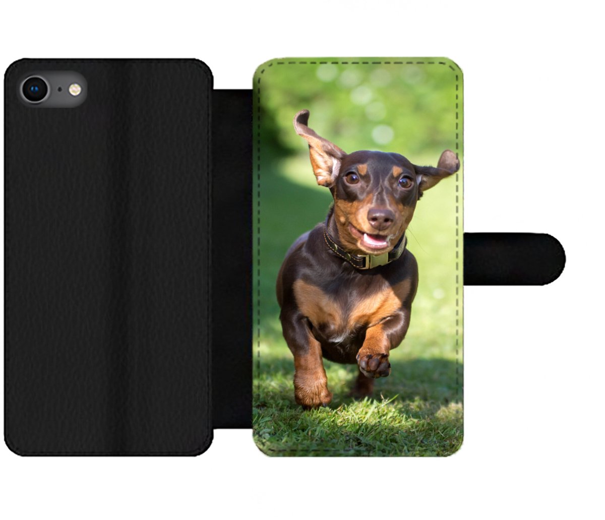 Telefoonhoesje Geschikt voor iPhone 7 telefoonhoesje - Een sprintende Teckel - Met vakjes - Wallet case met magneetsluiting