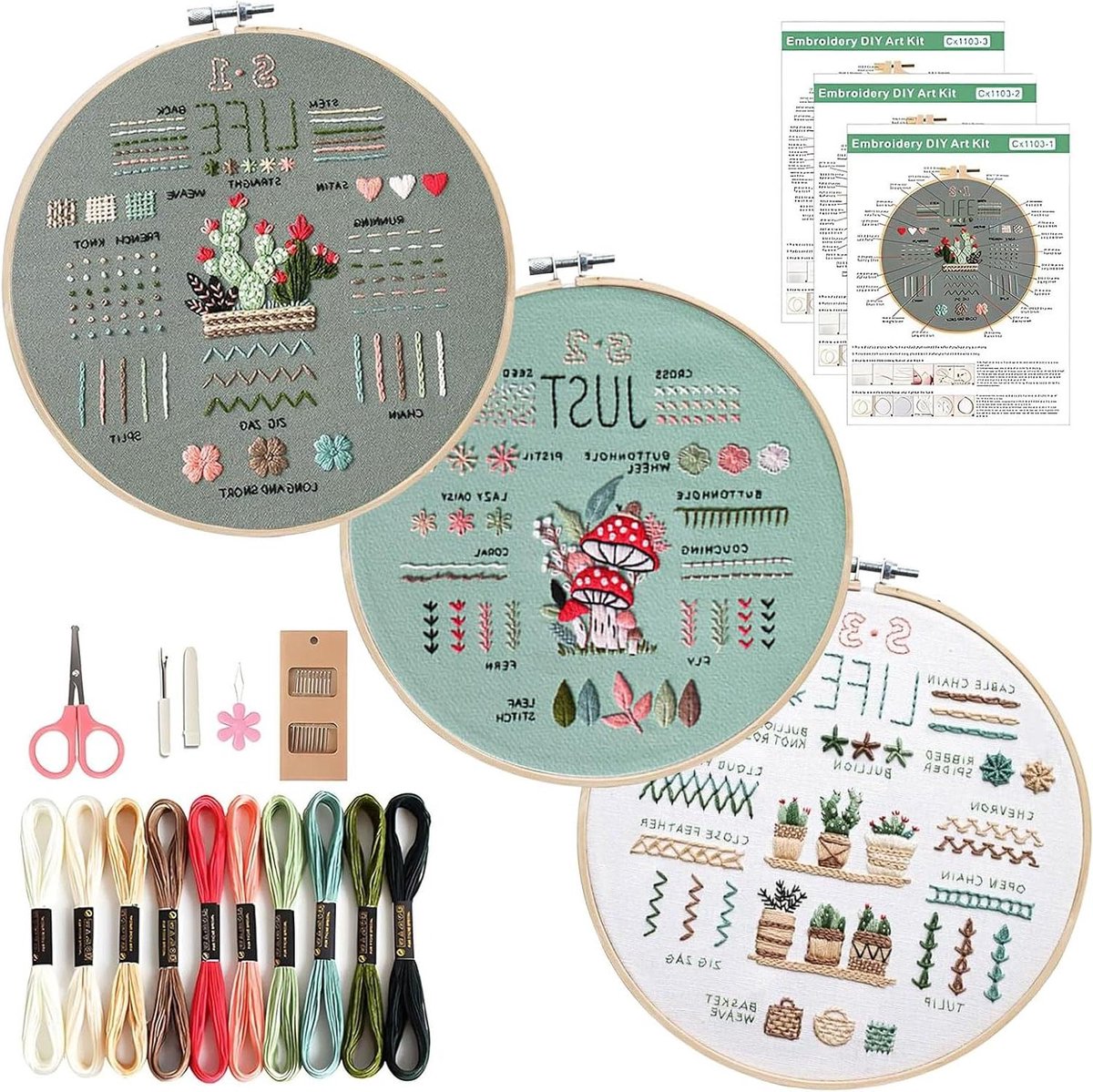 Inovra Plus - Borduurset voor beginners en volwassenen met bloemen en planten - 3 sets doe-het-zelf kruissteekset met bamboe voor handborduurwerk
