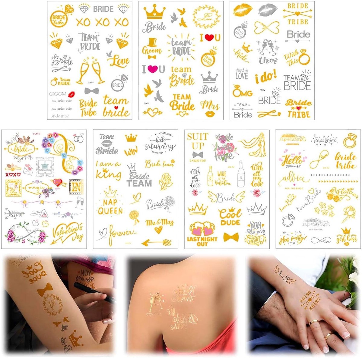 Allecto Plus - Tattoo set: 7 vellen tijdelijke tatoeages voor feestdecoratie, verjaardagsdecoratie, vrijgezellenfeest, accessoires - geschenken voor hem en haar